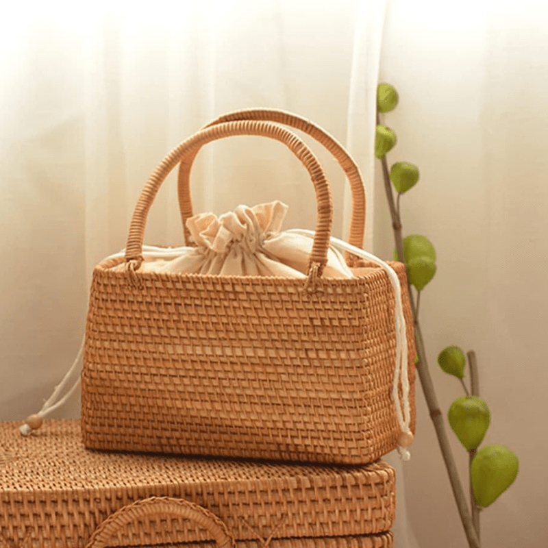 Rattan Beach Bag for Women, Lightweight Summer Vacation Purse, styled as a SheSelects summer accessory
