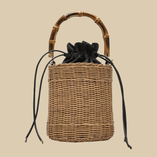 Rattan Bucket Bag for Women, Boho Summer Vacation Purse in Brown, styled as a SheSelects summer accessory