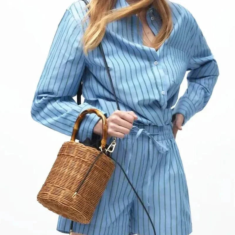 Rattan Bucket Bag for Women, Boho Summer Vacation Purse in Brown, styled as a SheSelects summer accessory