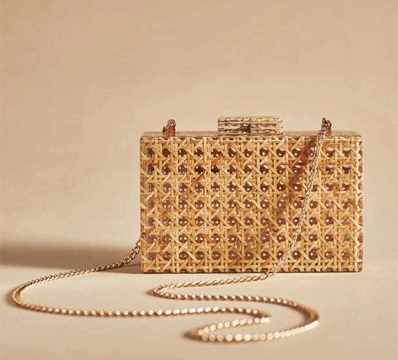Rattan Clutch Bag for Women, Summer Wedding and Bridesmaid Purse in Natural, styled as a SheSelects summer accessory