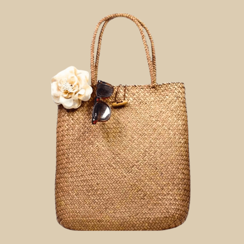 Rattan Tote Bag for Women, Woven Summer Beach and Vacation Purse, styled as a SheSelects summer accessory