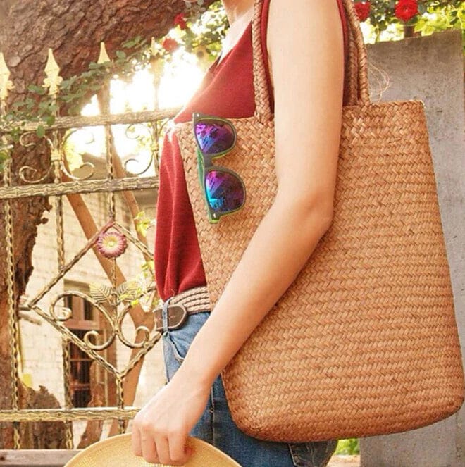 Rattan Tote Bag for Women, Woven Summer Beach and Vacation Purse, styled as a SheSelects summer accessory