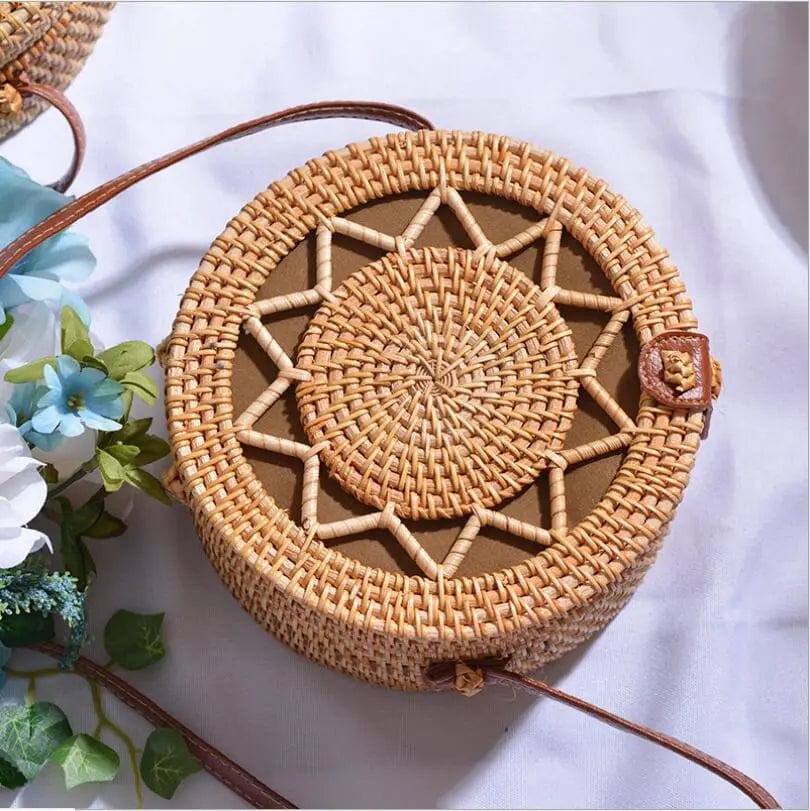 Rattan Round Bag for Women, Boho Summer Crossbody Purse, styled as a SheSelects summer accessory