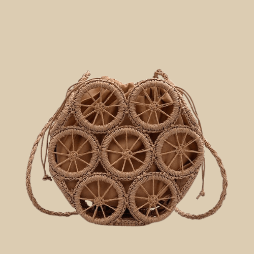 Rattan Shoulder Bag for Women, Natural Woven Summer Purse in Beige, styled as a SheSelects summer accessory