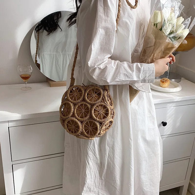 Rattan Shoulder Bag for Women, Natural Woven Summer Purse in Beige, styled as a SheSelects summer accessory