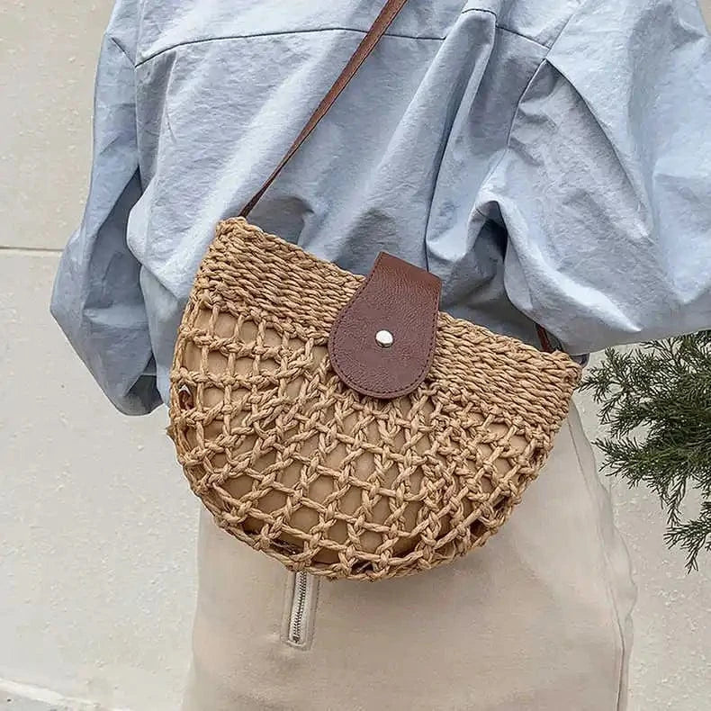 Straw Round Bag for Women, Boho Summer Crossbody Purse in Beige, styled as a SheSelects summer accessory