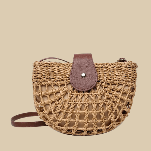 Straw Round Bag for Women, Boho Summer Crossbody Purse in Beige, styled as a SheSelects summer accessory