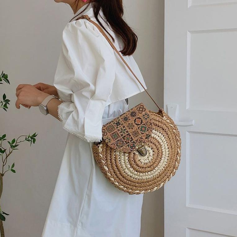 Straw Round Bag for Women, Boho Summer Crossbody Purse in Coffee, styled as a SheSelects summer accessory