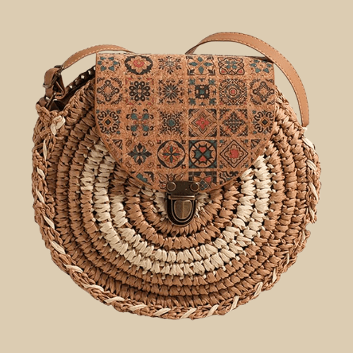 Straw Round Bag for Women, Boho Summer Crossbody Purse in Coffee, styled as a SheSelects summer accessory