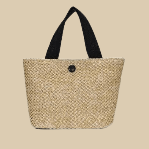 Small Raffia Summer Bag for Women, Natural Summer Vacation Purse in Black, styled as a SheSelects summer accessory