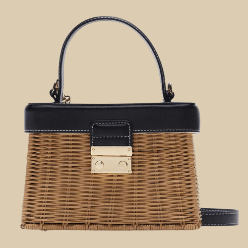 Small Wicker Summer Bag for Women, Natural Summer Vacation Purse in Black, styled as a SheSelects summer accessory