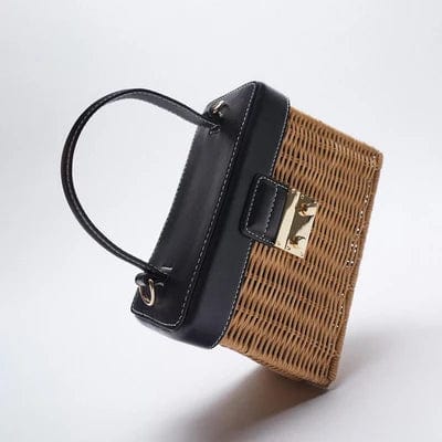 Small Wicker Summer Bag for Women, Natural Summer Vacation Purse in Black, styled as a SheSelects summer accessory