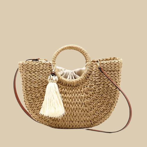 Straw Round Bag for Women, Boho Summer Crossbody Purse in Brown, styled as a SheSelects summer accessory