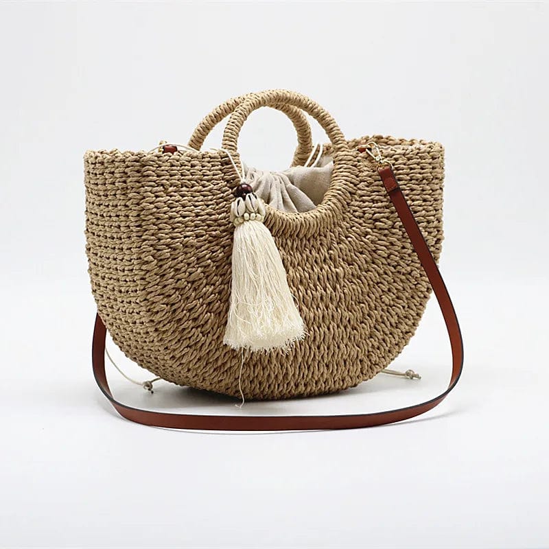 Straw Round Bag for Women, Boho Summer Crossbody Purse in Brown, styled as a SheSelects summer accessory