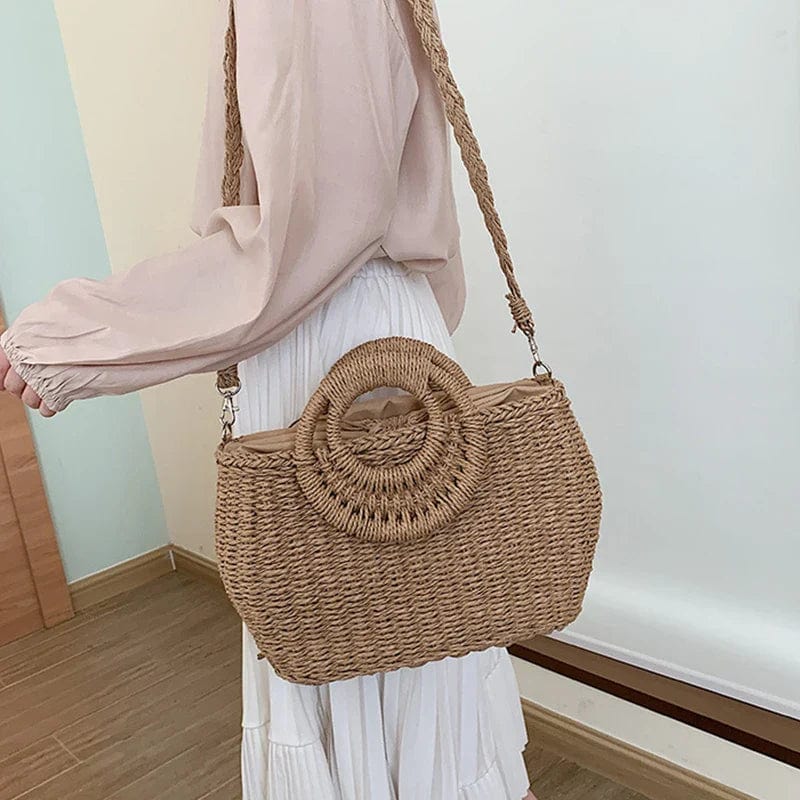 Straw Round Bag for Women, Boho Summer Crossbody Purse in Beige, styled as a SheSelects summer accessory