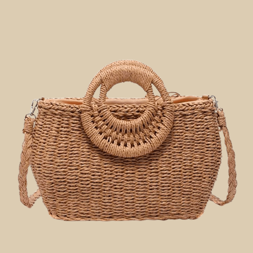 Straw Round Bag for Women, Boho Summer Crossbody Purse in Beige, styled as a SheSelects summer accessory