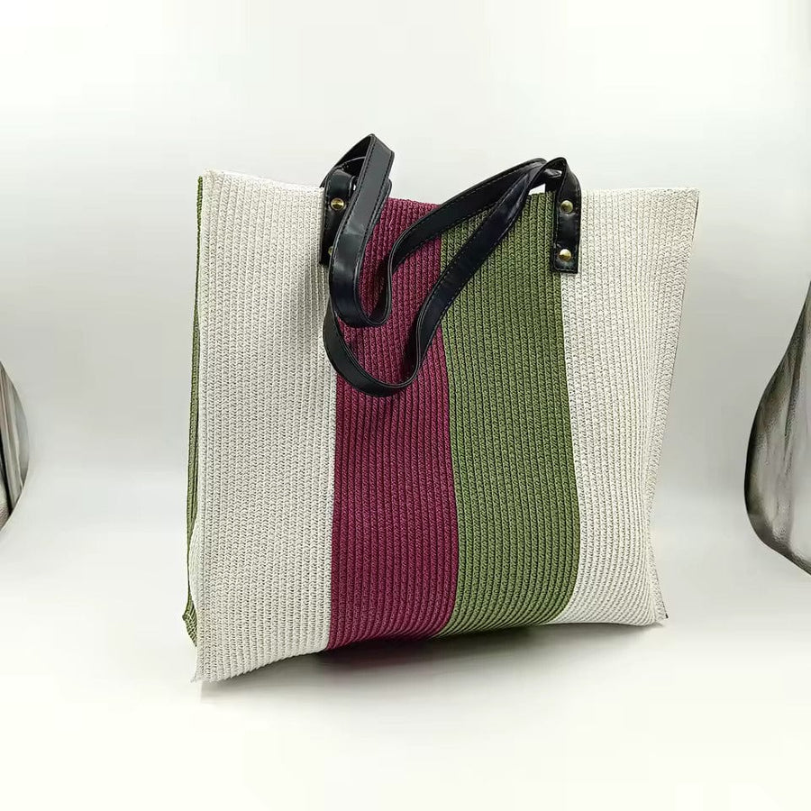 Straw Beach Bag for Women, Lightweight Summer Vacation Purse in Purple, styled as a SheSelects summer accessory