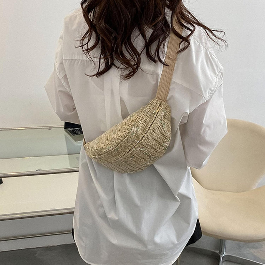 Straw Belt Bag for Women, Hands Free Summer Festival Bag in White, styled as a SheSelects summer accessory