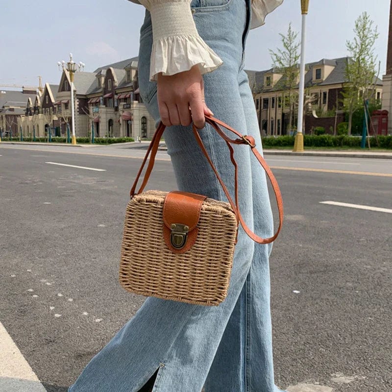 Straw Crossbody Bag for Women, Woven Summer Purse with Easy Strap in Beige, styled as a SheSelects summer accessory