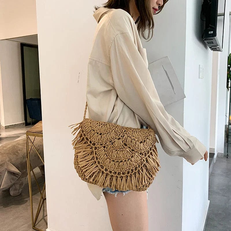 Raffia Handbag for Women, Natural Woven Summer Purse in Beige, styled as a SheSelects summer accessory