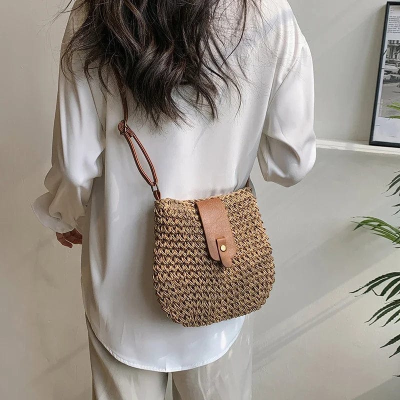 Straw Crossbody Bag for Women, Woven Summer Purse with Easy Strap in Beige, styled as a SheSelects summer accessory