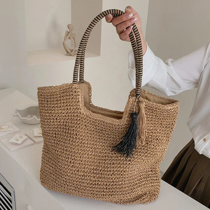 Straw Tote Bag for Women, Woven Summer Beach and Vacation Purse, styled as a SheSelects summer accessory