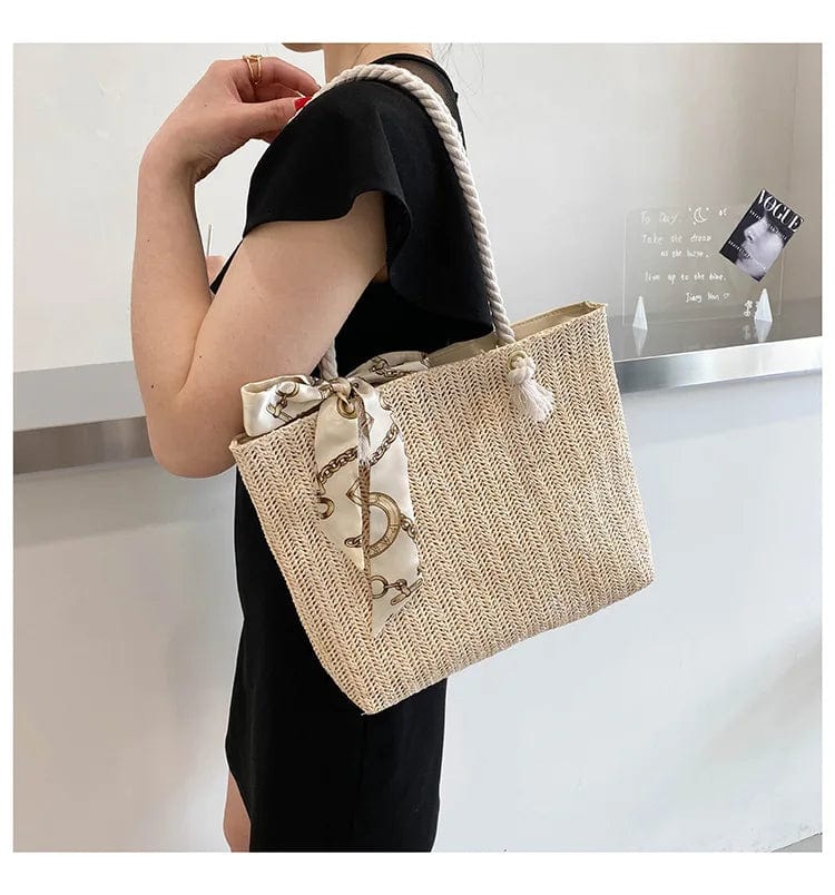 Straw Tote Bag for Women, Woven Summer Beach and Vacation Purse in Beige, styled as a SheSelects summer accessory