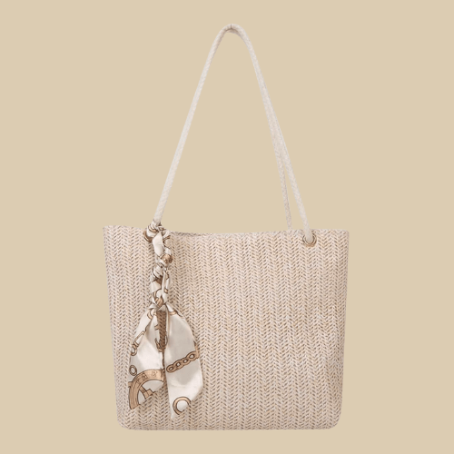 Straw Tote Bag for Women, Woven Summer Beach and Vacation Purse in Beige, styled as a SheSelects summer accessory