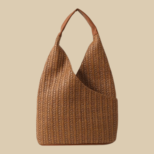 Straw Shoulder Bag for Women, Natural Woven Summer Purse in Beige, styled as a SheSelects summer accessory