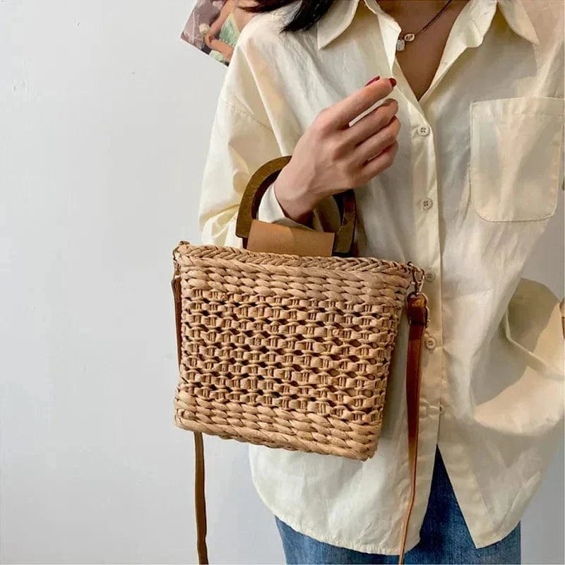 Straw Crossbody Bag for Women, Woven Summer Purse with Easy Strap in Khaki, styled as a SheSelects summer accessory