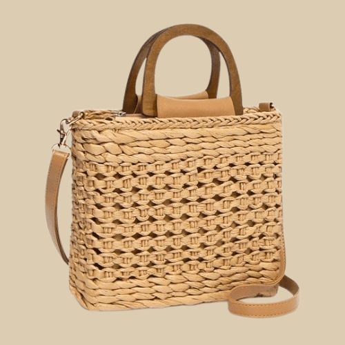 Straw Crossbody Bag for Women, Woven Summer Purse with Easy Strap in Khaki, styled as a SheSelects summer accessory