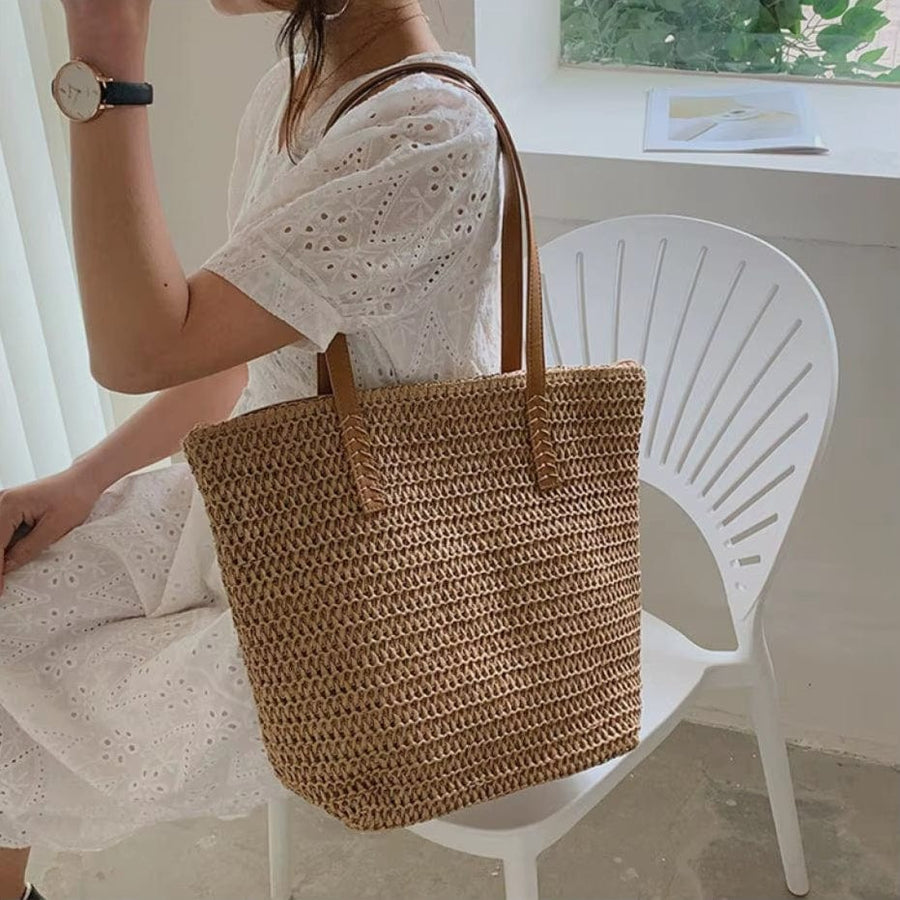 Straw Crossbody Bag for Women, Woven Summer Purse with Easy Strap in Beige, styled as a SheSelects summer accessory