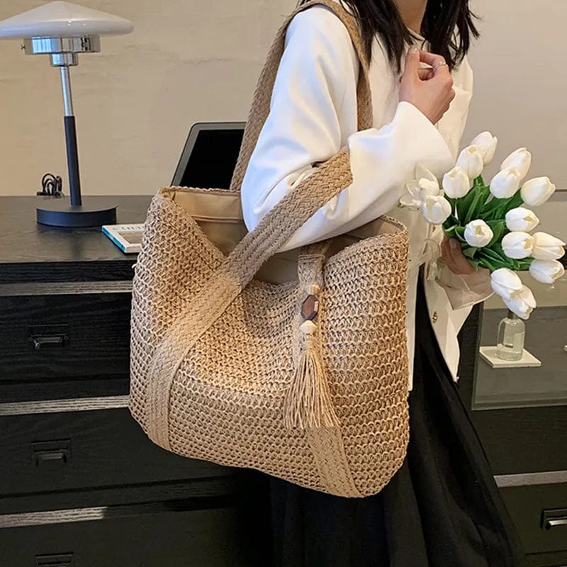 Straw Tote Bag for Women, Woven Summer Beach and Vacation Purse in Beige, styled as a SheSelects summer accessory