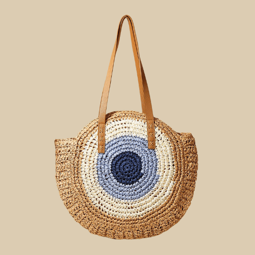 Straw Tote Bag for Women, Woven Summer Beach and Vacation Purse in Beige, styled as a SheSelects summer accessory