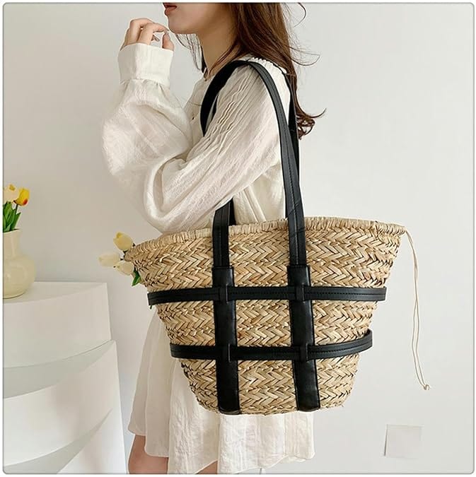 Wicker Shoulder Bag for Women, Natural Woven Summer Purse in Black, styled as a SheSelects summer accessory