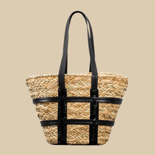 Wicker Shoulder Bag for Women, Natural Woven Summer Purse in Black, styled as a SheSelects summer accessory