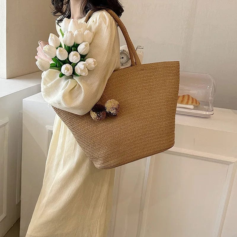 Wicker Beach Bag for Women, Lightweight Summer Vacation Purse in Beige, styled as a SheSelects summer accessory