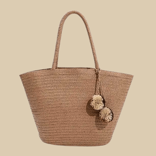 Wicker Beach Bag for Women, Lightweight Summer Vacation Purse in Beige, styled as a SheSelects summer accessory