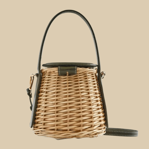 Wicker Bucket Bag for Women, Boho Summer Vacation Purse in Black, styled as a SheSelects summer accessory