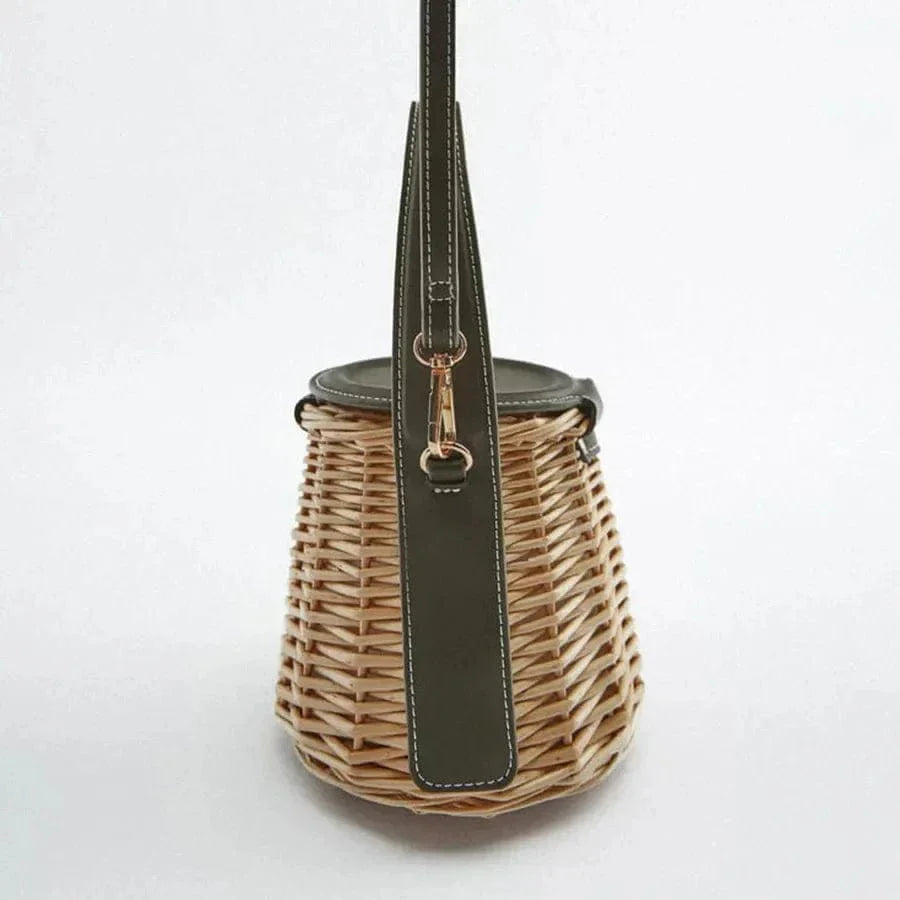 Wicker Bucket Bag for Women, Boho Summer Vacation Purse in Black, styled as a SheSelects summer accessory