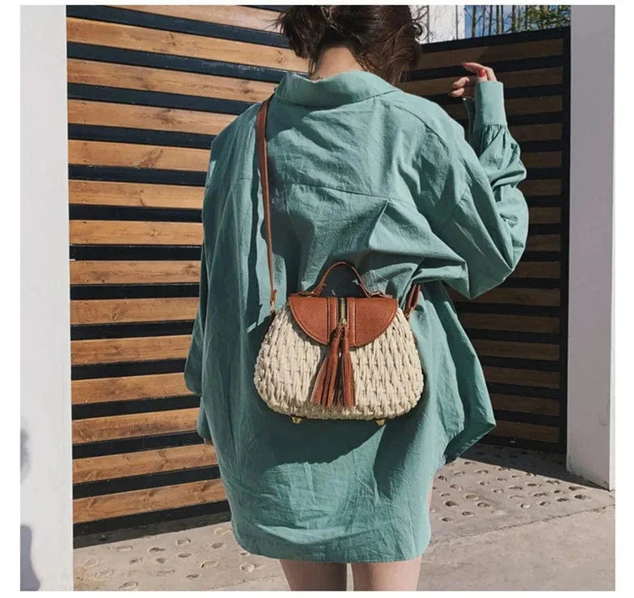 Wicker Crossbody Bag for Women, Woven Summer Purse with Easy Strap in Light Brown, styled as a SheSelects summer accessory