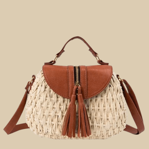 Wicker Crossbody Bag for Women, Woven Summer Purse with Easy Strap in Light Brown, styled as a SheSelects summer accessory