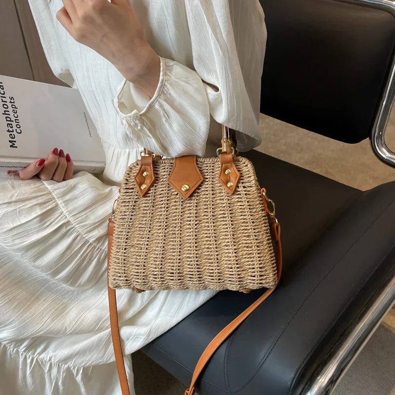 Wicker Handbag for Women, Natural Woven Summer Purse in Beige, styled as a SheSelects summer accessory