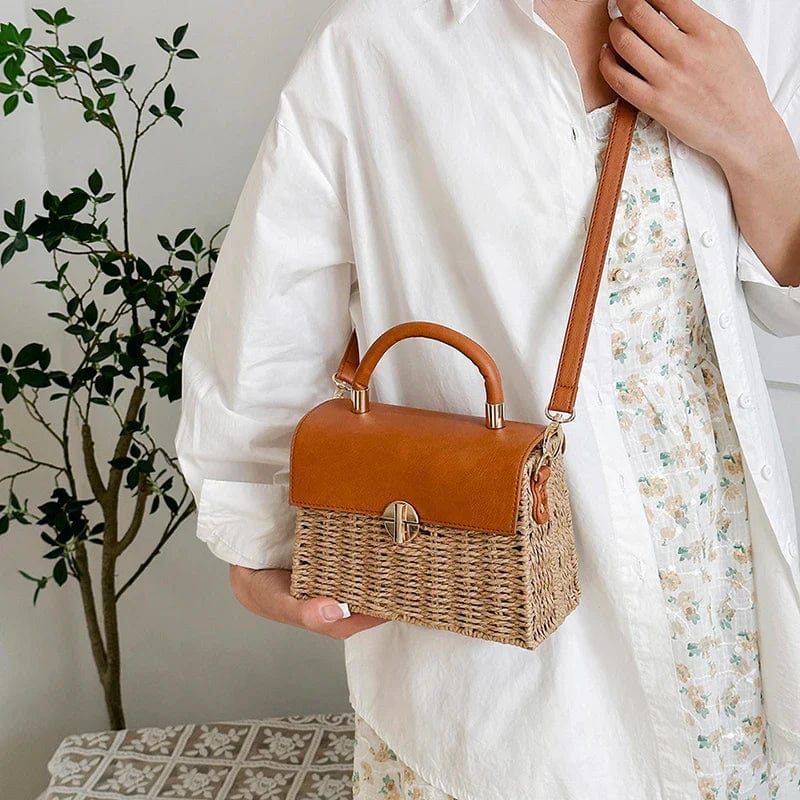 Wicker Shoulder Bag for Women, Natural Woven Summer Purse in Beige, styled as a SheSelects summer accessory