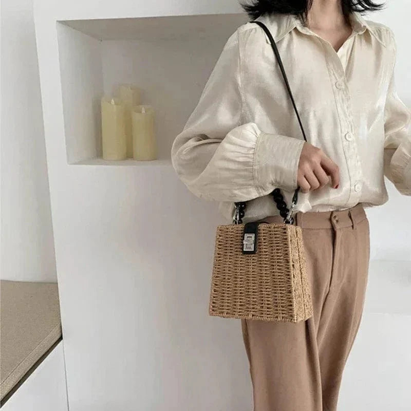 Wicker Summer Bag for Women, Natural Summer Vacation Purse in Beige, styled as a SheSelects summer accessory
