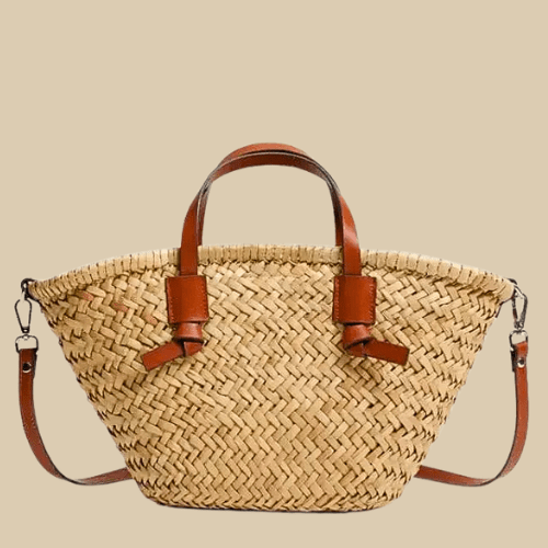 Wicker Tote Bag for Women, Woven Summer Beach and Vacation Purse in Brown, styled as a SheSelects summer accessory