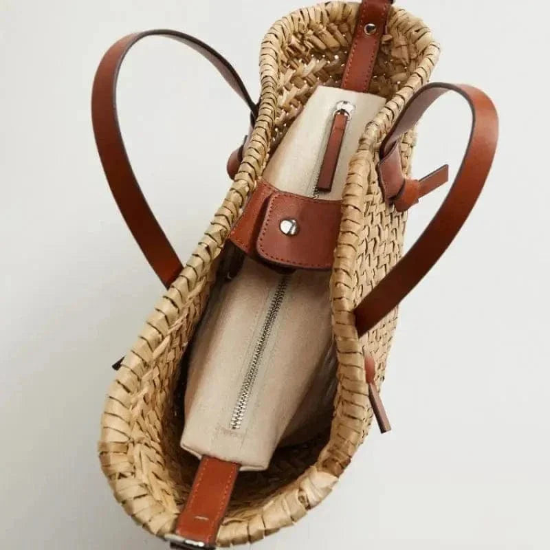 Wicker Tote Bag for Women, Woven Summer Beach and Vacation Purse in Brown, styled as a SheSelects summer accessory