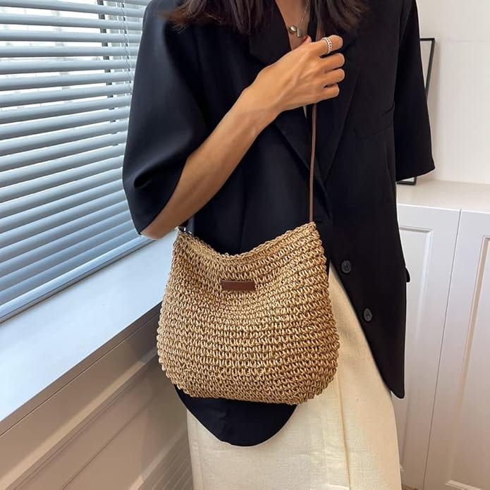 Straw Handbag for Women, Natural Woven Summer Purse in Coffee, styled as a SheSelects summer accessory