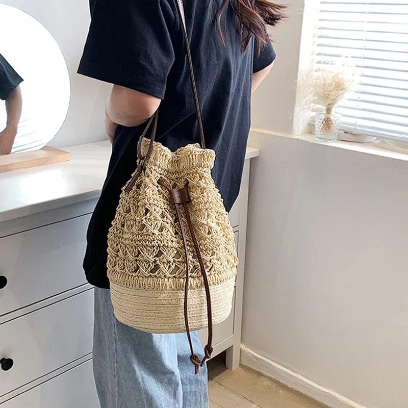 Straw Bucket Bag for Women, Boho Summer Vacation Purse in Coffee, styled as a SheSelects summer accessory