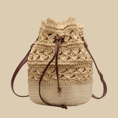 Straw Bucket Bag for Women, Boho Summer Vacation Purse in Coffee, styled as a SheSelects summer accessory